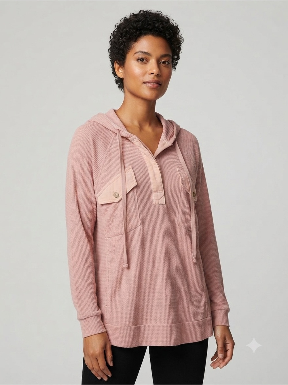 Kori America Waffle-Knit Hooded Pullover Jacket in Dusty Rose